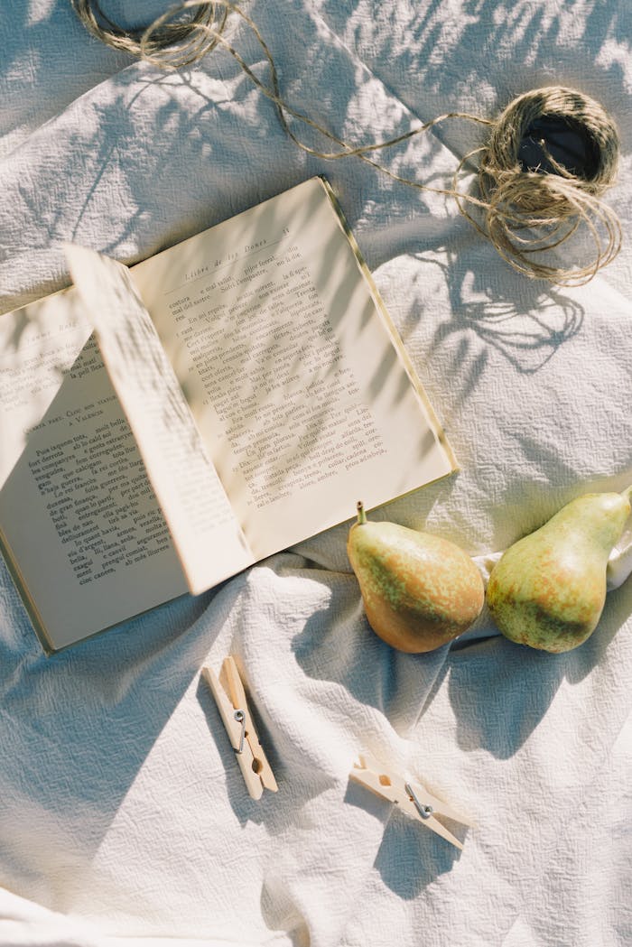 A rustic flat lay featuring an open book, pears, clothespins, and rope on a light blanket.